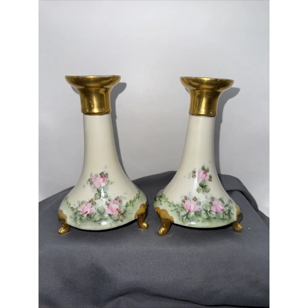 Limoges France Hand Painted Porcelain Candlesticks Gold Gilt Floral VTG Signed